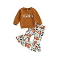 thumbnail image 2 of Halloween Outfits 6M 12M 18M 24M 3Y 4Y Mamas Pumpkin Print with Pumpkin Print Flare Pants Thanksgiving Fall Clothes Set, 2 of 9