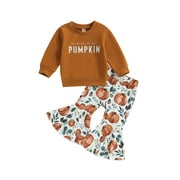 Toddler Kids Baby Girls Halloween Outfits Mama's Pumpkin Print Sweatshirt with Pumpkin Print Flare Pants 2Pcs Thanksgiving Fall Clothes Set