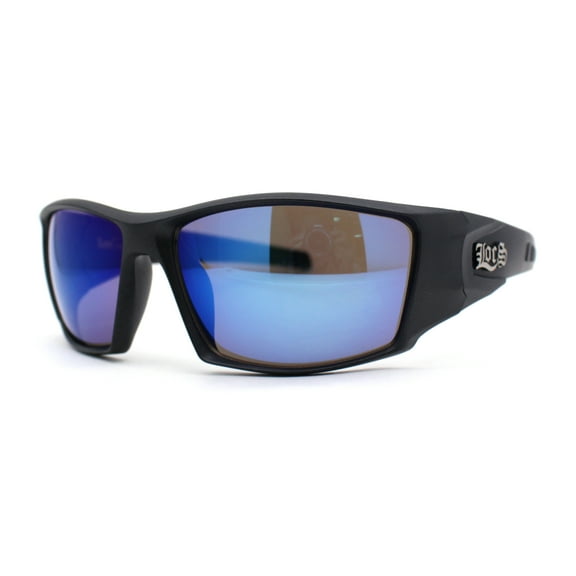 Locs Color Mirror Sport Biker Style Wrap Around Matte Black Sunglasses Blue Mirror