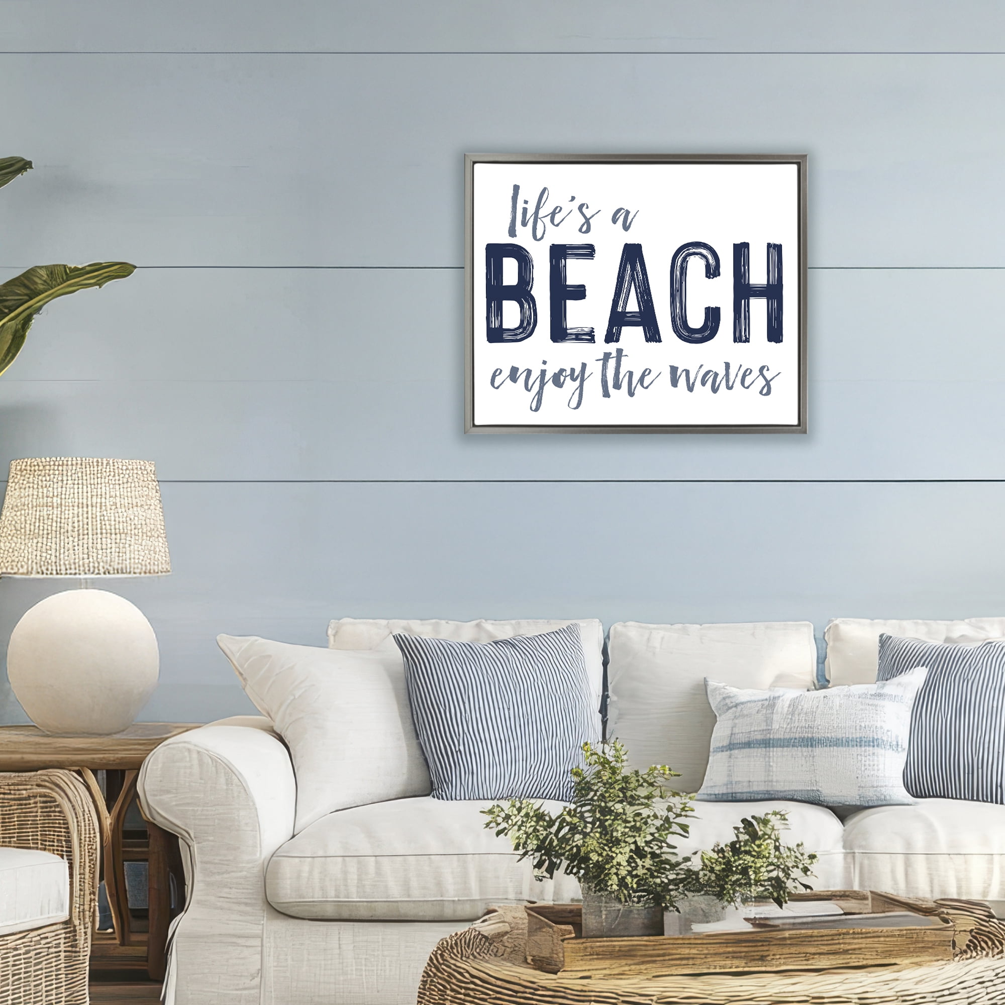 Summer Sentiment Enjoy Waves Gray Framed Floater Canvas Wall Art, design by Lettered and Lined