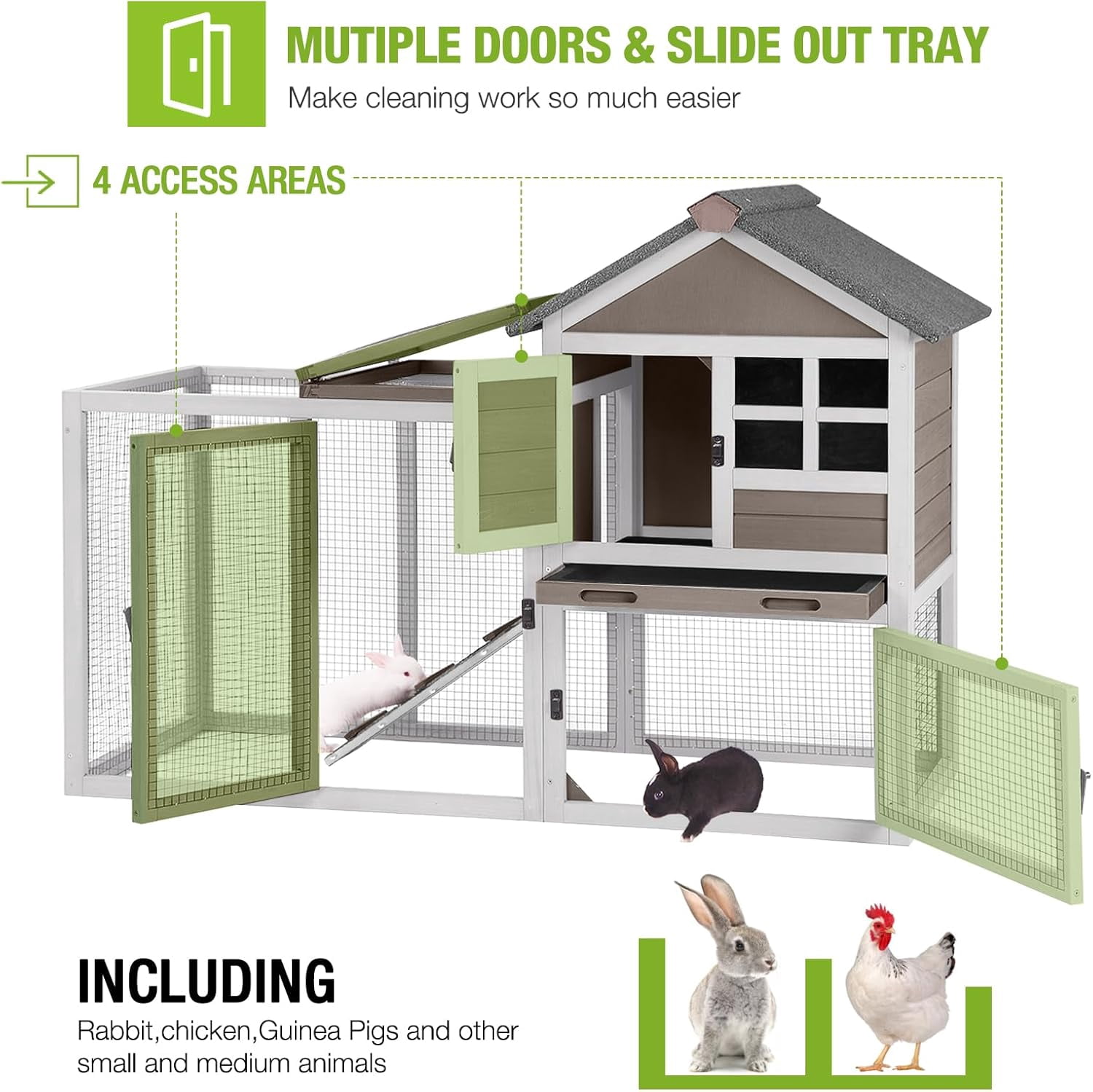 BUTINGLALE Rabbit Hutch Chicken Coop Expandable Indoor Bunny Cage Outdoor Guinea Pig Cage with Run 51.6" L, Brown