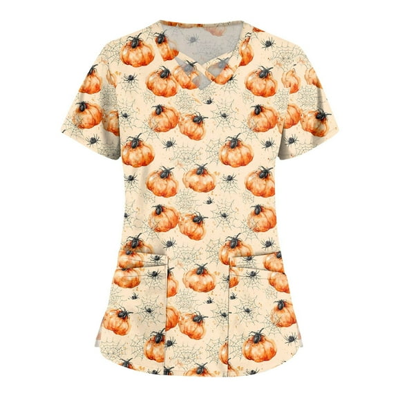 dGslk Women's Halloween Spider Print Scrub Top, V-Neck Short Sleeve Work Shirt with Pockets, Lightweight Comfortable Uniform Beige L