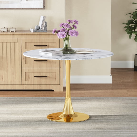 Round Dining Table, 31.5" Tulip Pedestal Kitchen Table with White Faux Marble Tempered Glass Top, Modern Dining Table for 2-4