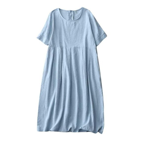 PuLe Summer Short Sleeve Dress Womens Short Sleeve Cotton Linen Jacquard Dress Crewneck Long Dress Loose Casual Dresses