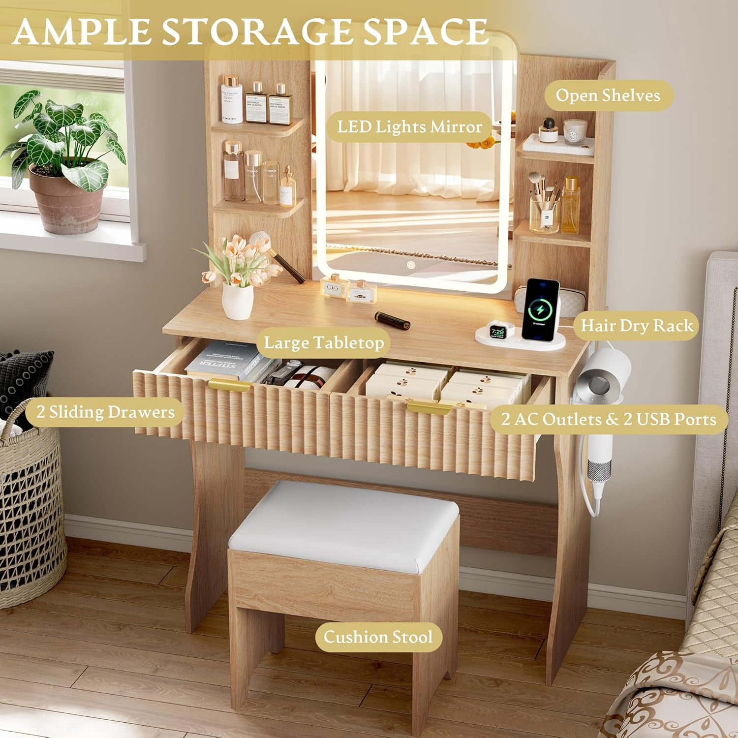 PUFFCAFE Vanity Desk with Mirror and LED Lights,Small Makeup Vanity Table with Storage Drawers & Chair & Power Outlet,Bedroom Oak Vanity Set