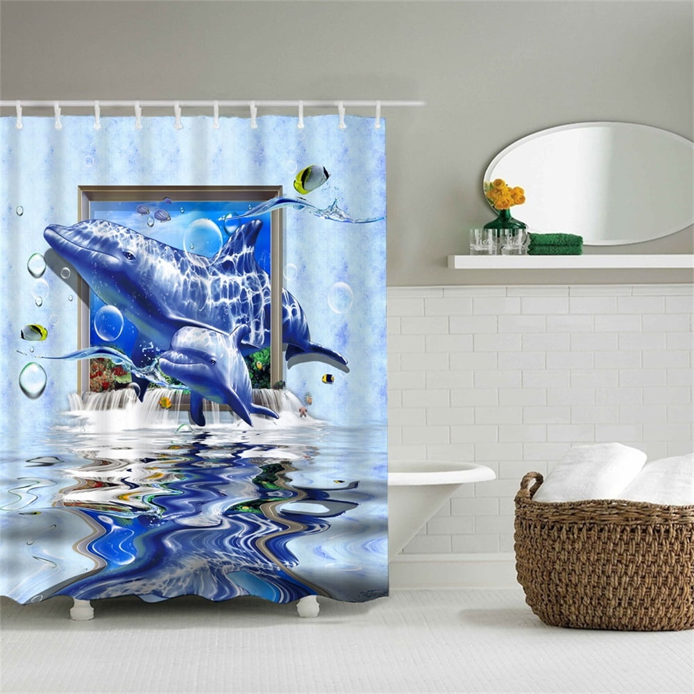 Fabric Shower Curtain For Bathroom Sea Animals Dolphin Break In Window
