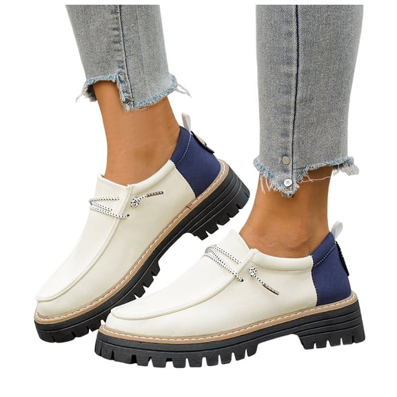 Rokment Womens Vintage Classic Oxfords Fashion Sneakers Wide Feet 2026 Spring Fall Color Block Leather Slip on Chunky Loafers Casual Tennis Walking Driving Flat Blue Size 6.5