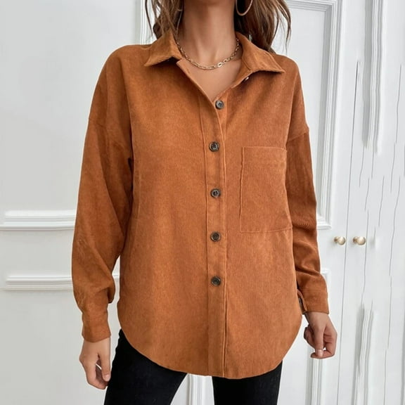 ICHUANYI 2023 Fall Womens Solid Color Button Shirts Lapel Long Sleeve Blouses V Neck Casual Loose Tops