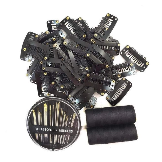 50 clips para peluca de 32 mm, clips a presión para extensiones de cabello, pinzas para el cabello en forma de I, herramientas, 6 dientes, clips de extensión de cabello de color negro, 30 agujas de co
