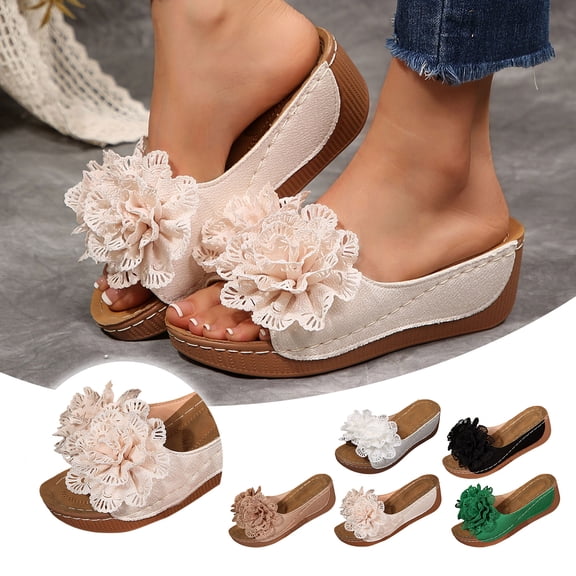 Dakaela Orthopedic Wedge Sandals for Women 2026 Comfortable Summer Dressy Platform Slides Flower Casual Walking Outdoor Shoes Size 6-10 Black