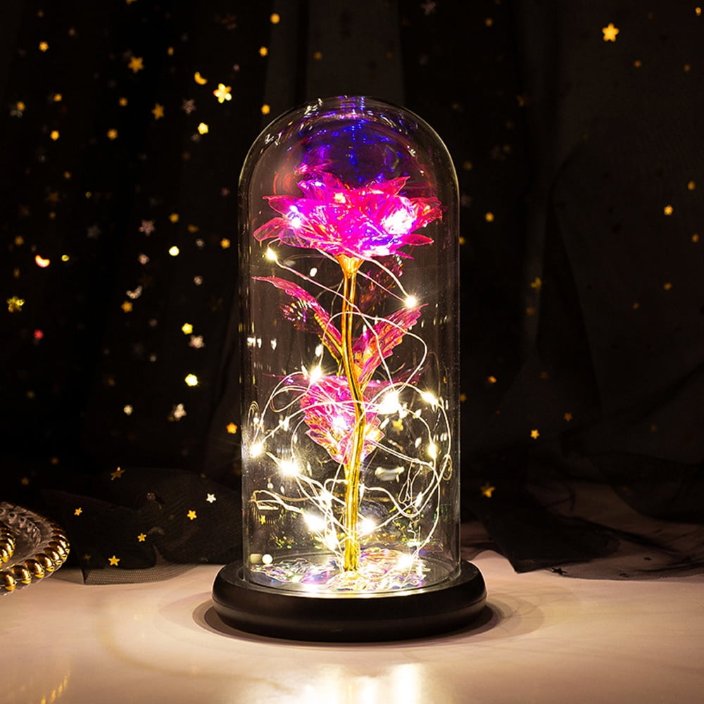 DYstyle Enchanted Beauty Rose with LED Light in Glass Dome on Wood Base