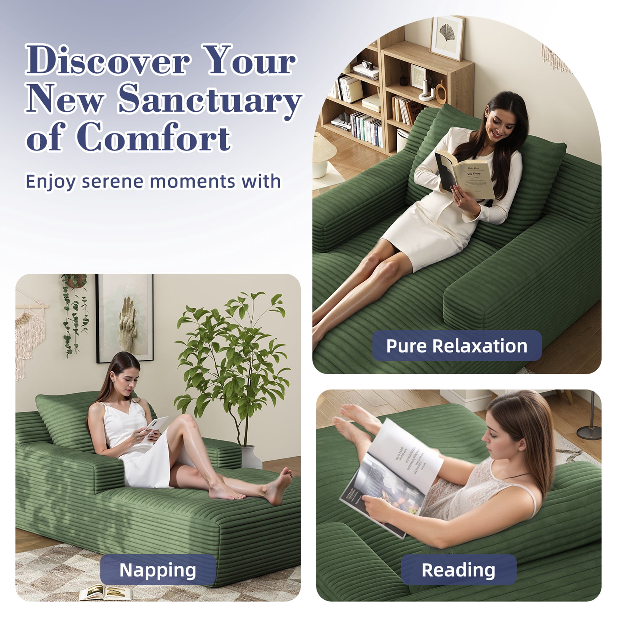 67'' Oversized Chaise Lounge Chair Indoor, Cloud Plush Corduroy Upholstered Sofa Bed, Modern Deep Seat Sofa with Back Cushion, Pillows, Cozy Sleeper Couch for Living Room, No Assembly Required, Green