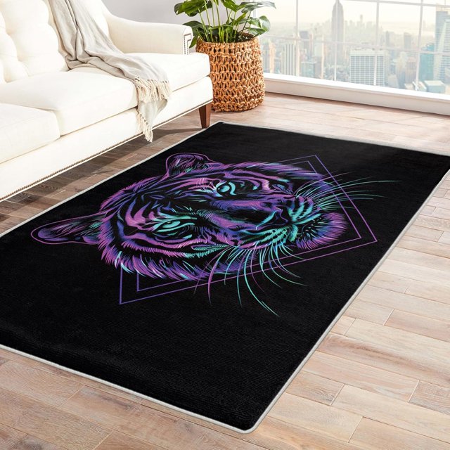 Tiger Rugs for Bedroom - Tiger Rug & Home Decor, 2x3 Area Rug, Neon Tiger Head Rugs for Entryway, Washable Non Slip Soft Low Pile Small Indoor Door Mat, Boys Wildlife Carpet & Room Decorations