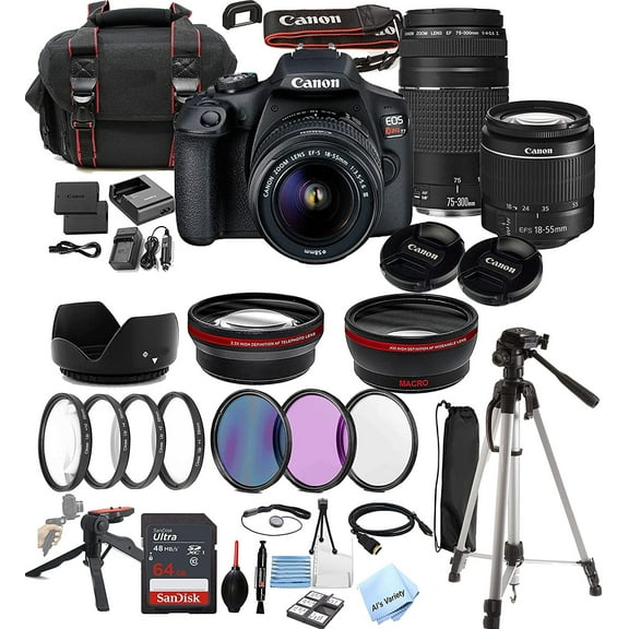 Canon EOS Rebel T7 DSLR Camera w/EF-S 18-55mm + 75-300mm Zoom Lenses + Als Variety Accessories Includes: 64GB Memory + Wide & Telephoto Threaded Lenses + Case + Tripod +Grip Pod + More 39pc Bundle