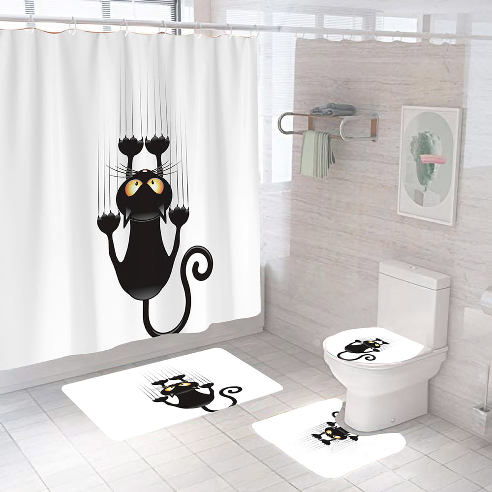 4Pcs Skull Bathroom Set Shower Curtain Toilet Lid Cover Bath Mat Non-Slip Rug 
