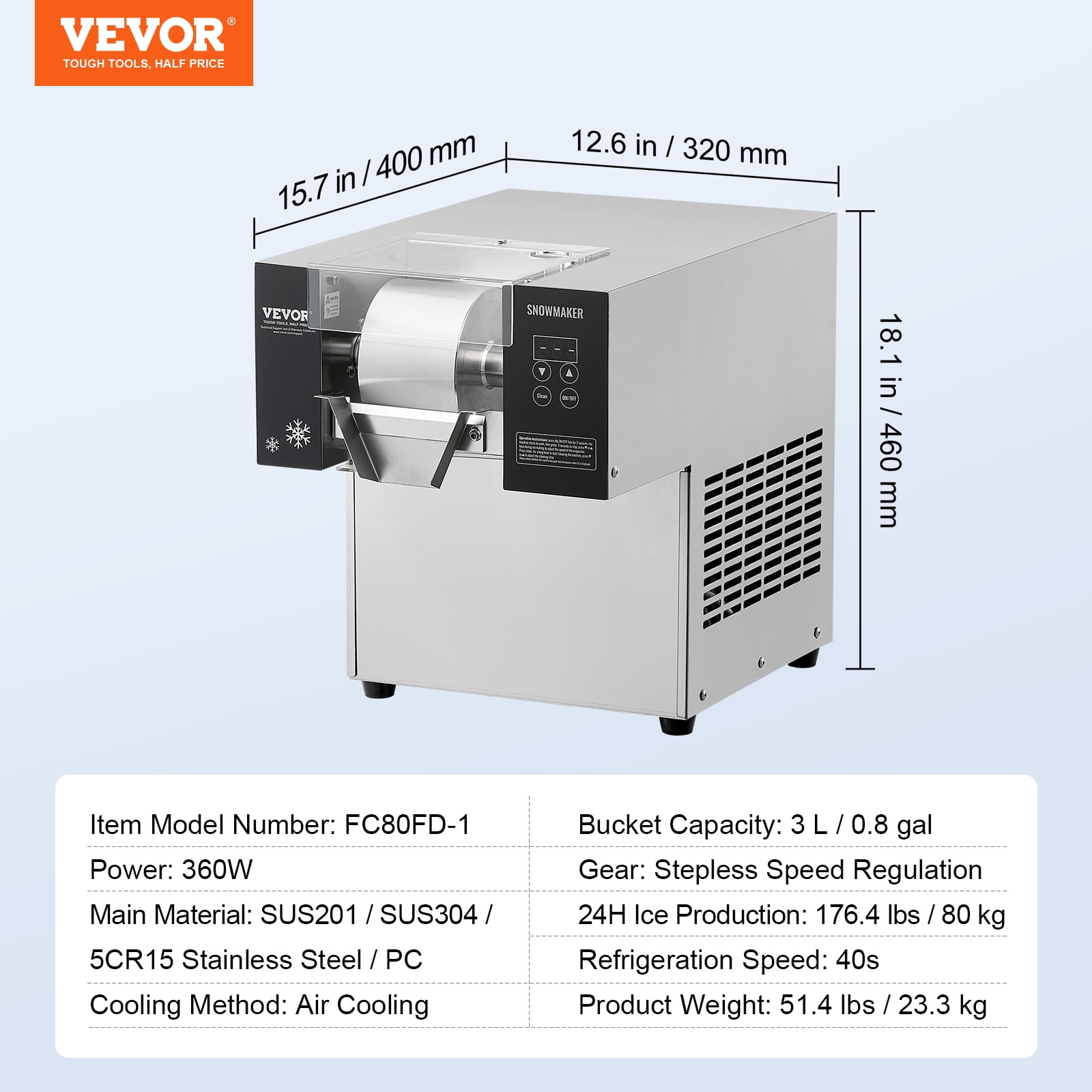 VEVOR Commercial Snowflake Ice Machine, 176.4LBS/24H Snowflake Ice Maker, Stainless Steel Ice Shaver Machine, Electric Snow Cone Maker, Air Cooling System for Rapid Heat Dissipation, Bakery, Cafe