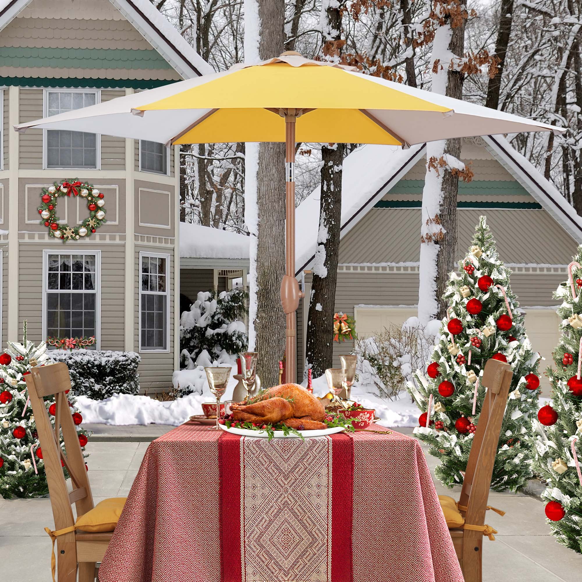Autlaycil 7.5ft Yellow/Khaki/White Patio Umbrella with Button Tilt UV Protection for Beach, Pool, Garden, Yard