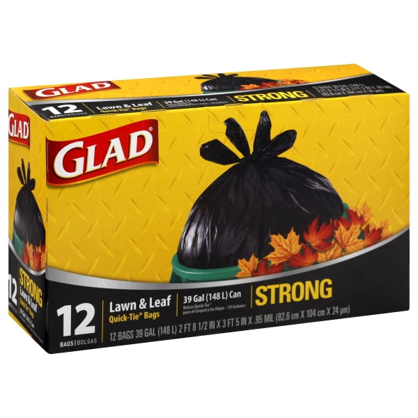 Glad Quick Tie Lawn & Leaf Bags, 39 Gallon, Black 12 ea
