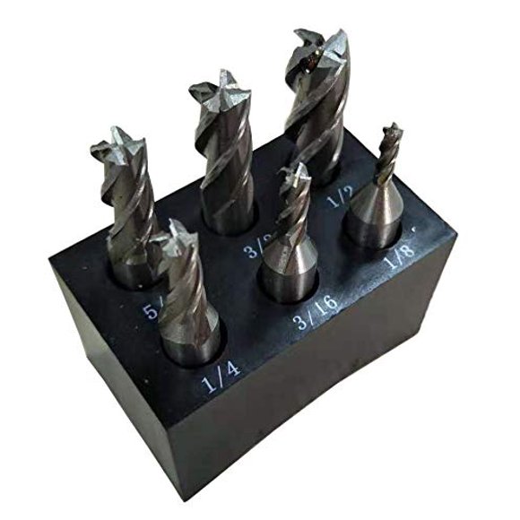 LLDSIMEX Single End 4 Flute Center Cutting End Mill 6PCS Set 1/8",3/16",1/4",5/16",3/8",1/2" with 3/8" Shank with Plastic Stand