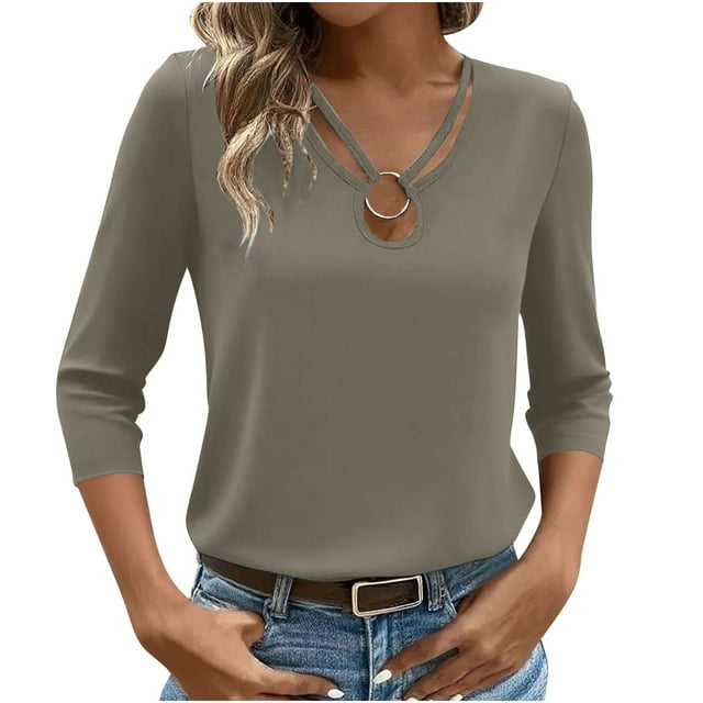 ABATAB Hauts à Manches 3/4 pour Femmes Chemises Tendance à Trou de Serrure Col Rond Décontracté Coupe Ample pour Sortir T-Shirts Confortables Tenues de Mode pour Dames (Petit, Kaki)