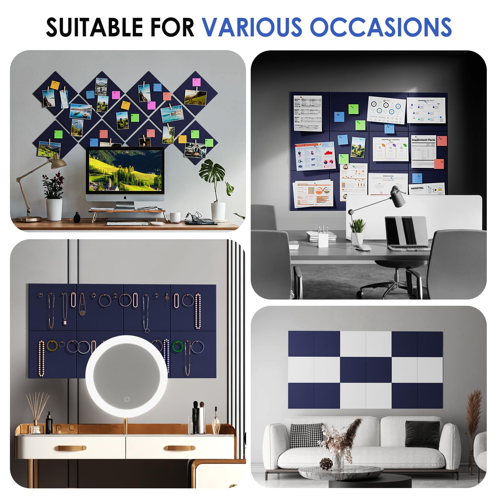MaxGear Large Cork Board for Wall 48" x 36", 12 Pack Felt Wall Tiles with Pushpins, Dark Blue Bulletin Board, Pin Board Tack Board for Office, Home, Decoration
