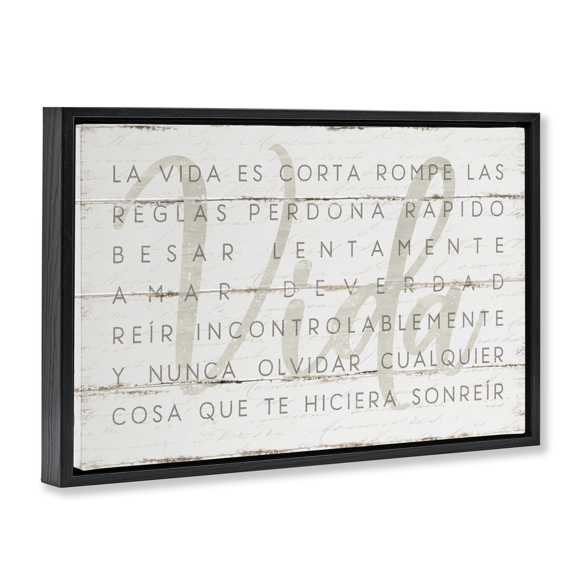 Stupell Industries La Vida es Corta Inspirational Quotes & Sayings Painting Black Floater Framed Art Print Wall Art, 31 x 21