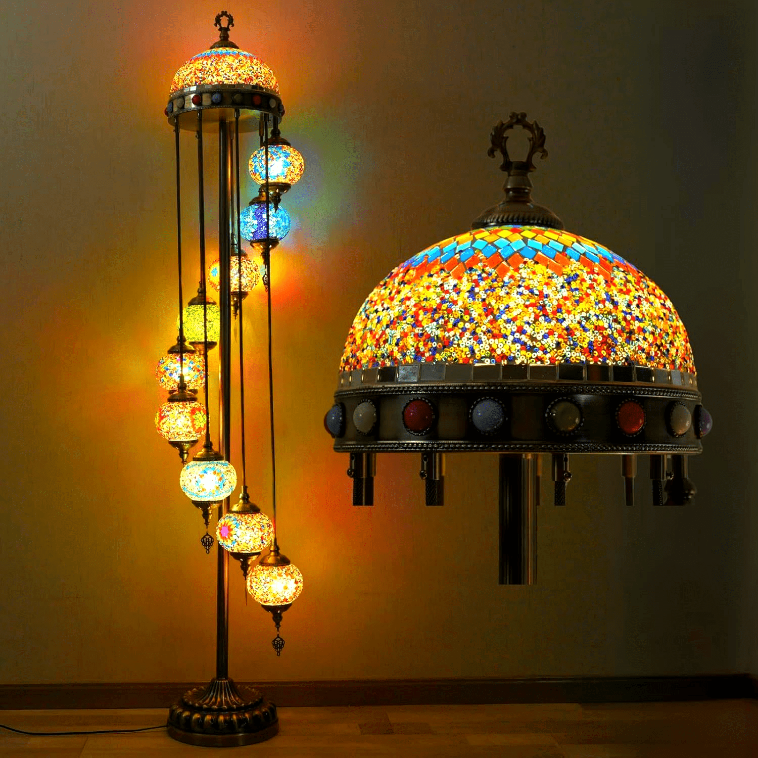 Turkish Mosaic Floor Lamp with Improved Lampshade and 9 Spheres, up to 77 inches, perfect for creating an artistic and gorgeous atmosphere