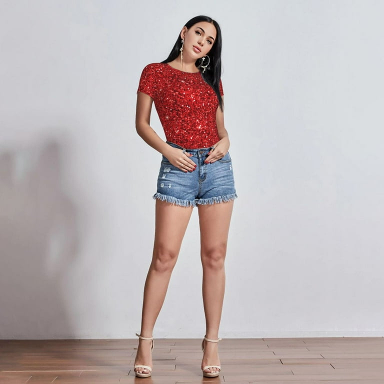 オールインワン・サロペット MAX MARA Women Bodysuit Tops 2511941021600 NUNZIO005 Red Fotbe Women Short Sleeve Bodysuit Round Neck Red Glitter