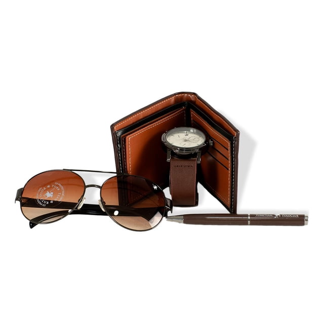 Set Polo Club Hombre Cartera Reloj Gafas Pluma Casual Marron Marrón Liso