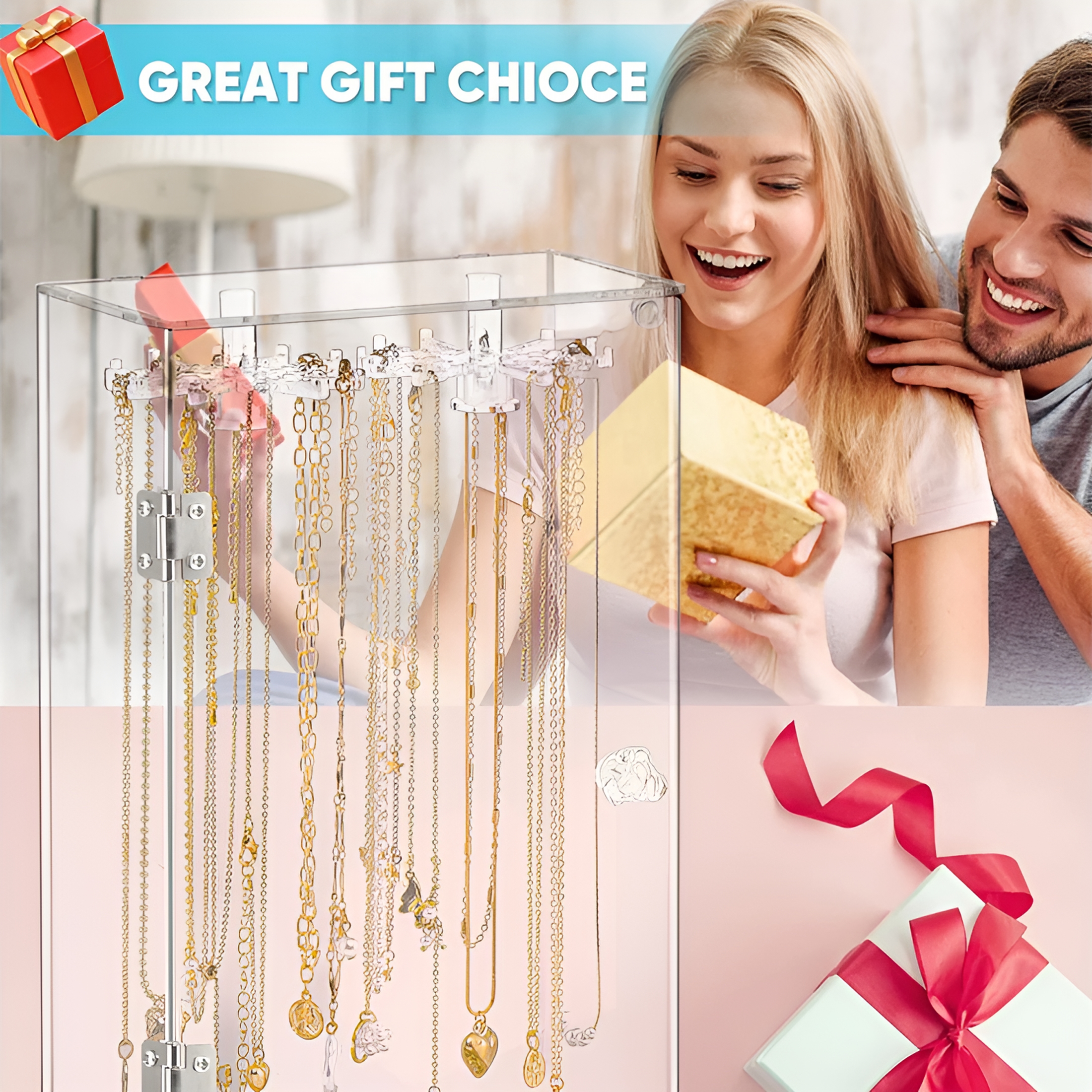 XIBUFE 2026 New Earnings Organizers Acrylic Necklace Display Stand Desktop Jewelry Organizer Box with Door Bracelet Storage Rack for Home,Vanity,Store Jewelry Display