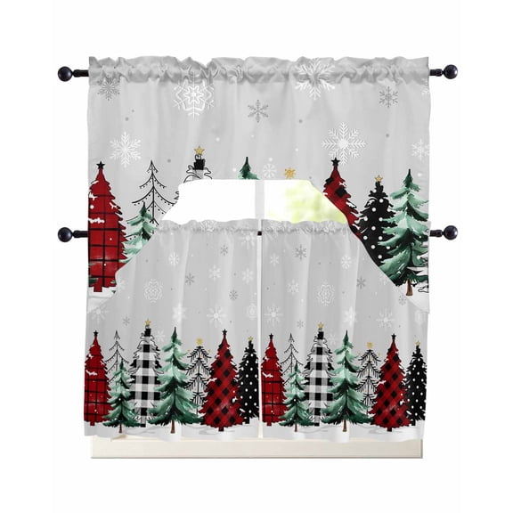 Grey Christmas Tree Swag Kitchen Curtains Sets for Windows 24 Inch Length, Xmas Trees Winter Snowflake Gray Short Window Curtain Panels Swags Valances and Tiers 3 Piece Set for Cafe/Dining Room