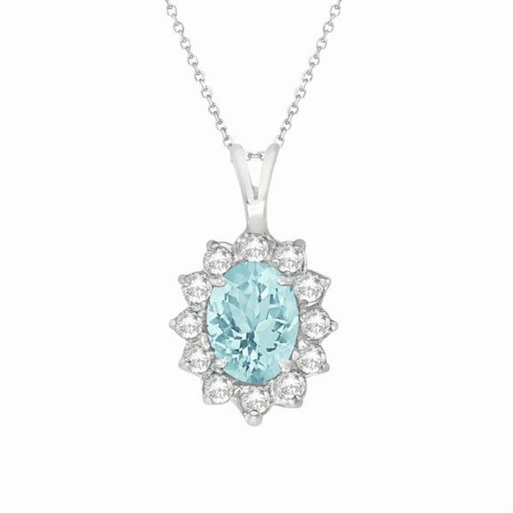 Aquamarine & Diamond Halo Pendant Necklace for Womens in 925 Sterling Silver Pendant With 18"inch Chain March Birthstone Necklace