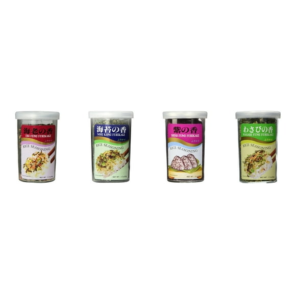 Ajishima JFC Rice Seasoning Fumi Furikake 4 Flavor Mixed Bundle (EBI,Nori Komi,Shiso,Wasabi) Plus NineChef Brand Long Handle Coffee Spoon