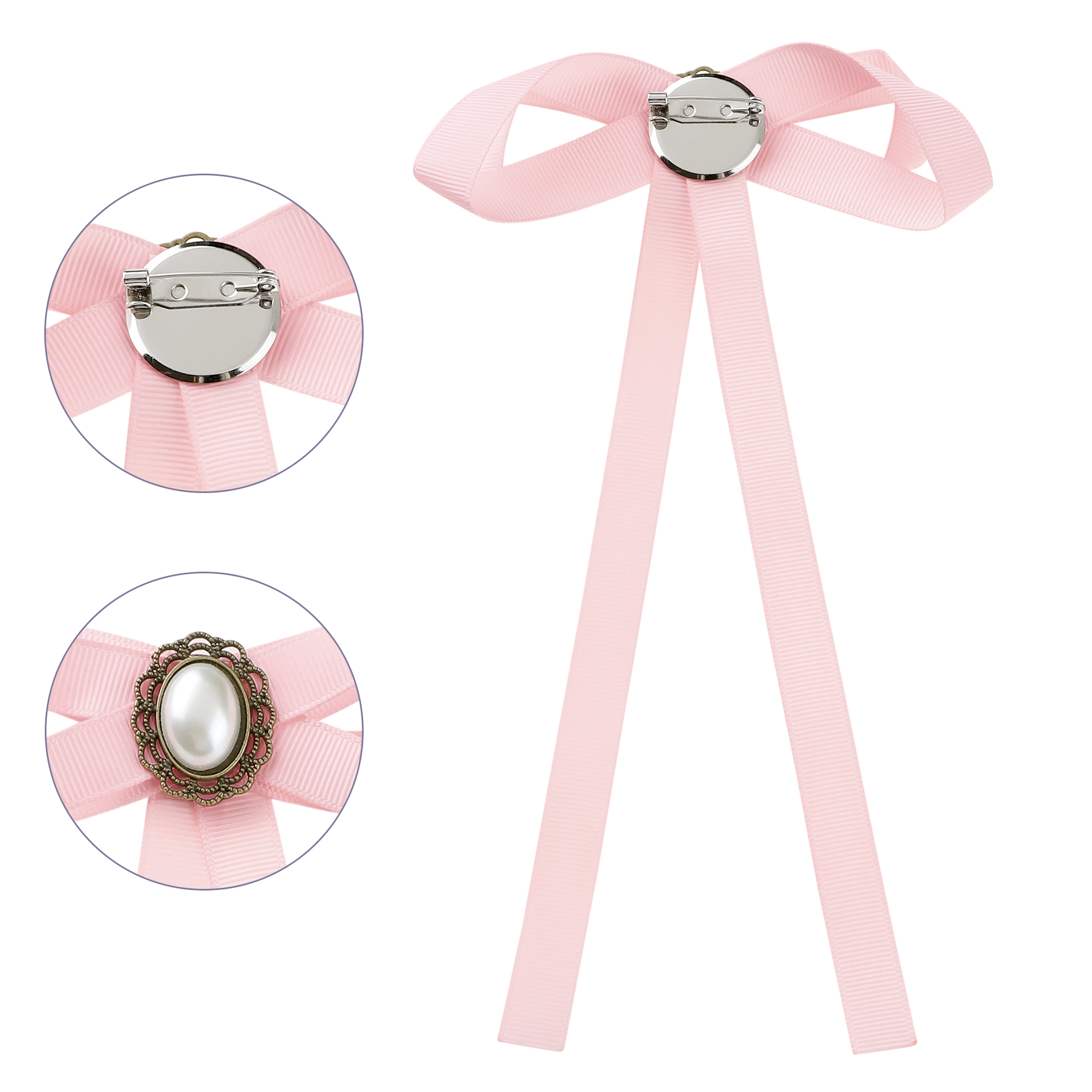 DARING DIVA Women's Long Ribbon Pre-Tied Bow Tie with Faux Pearl Pink