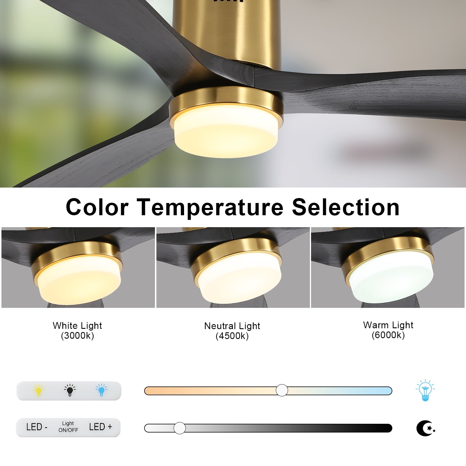 Sofucor 52" Modern Ceiling Fan with Dimmable LED Light, Matte Black Wood Blades, Remote Control