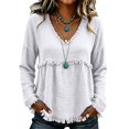 thumbnail image 5 of Women's Plus Size Long Sleeved V Neck T Shirts Causal Loose Fit Solid Tops Ladies Fall Ruffle Hem Going out Tees White02 XL, 5 of 5