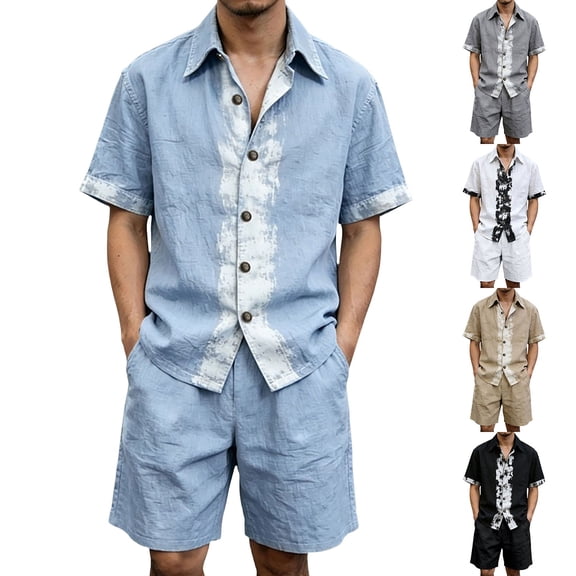 Migroa Men's Linen Shirts Shorts Outfits Beach 2 Pieces Sets Button Down Suit Casual Summer Tracksuit Vacation Clothes Matching Outfits Black L