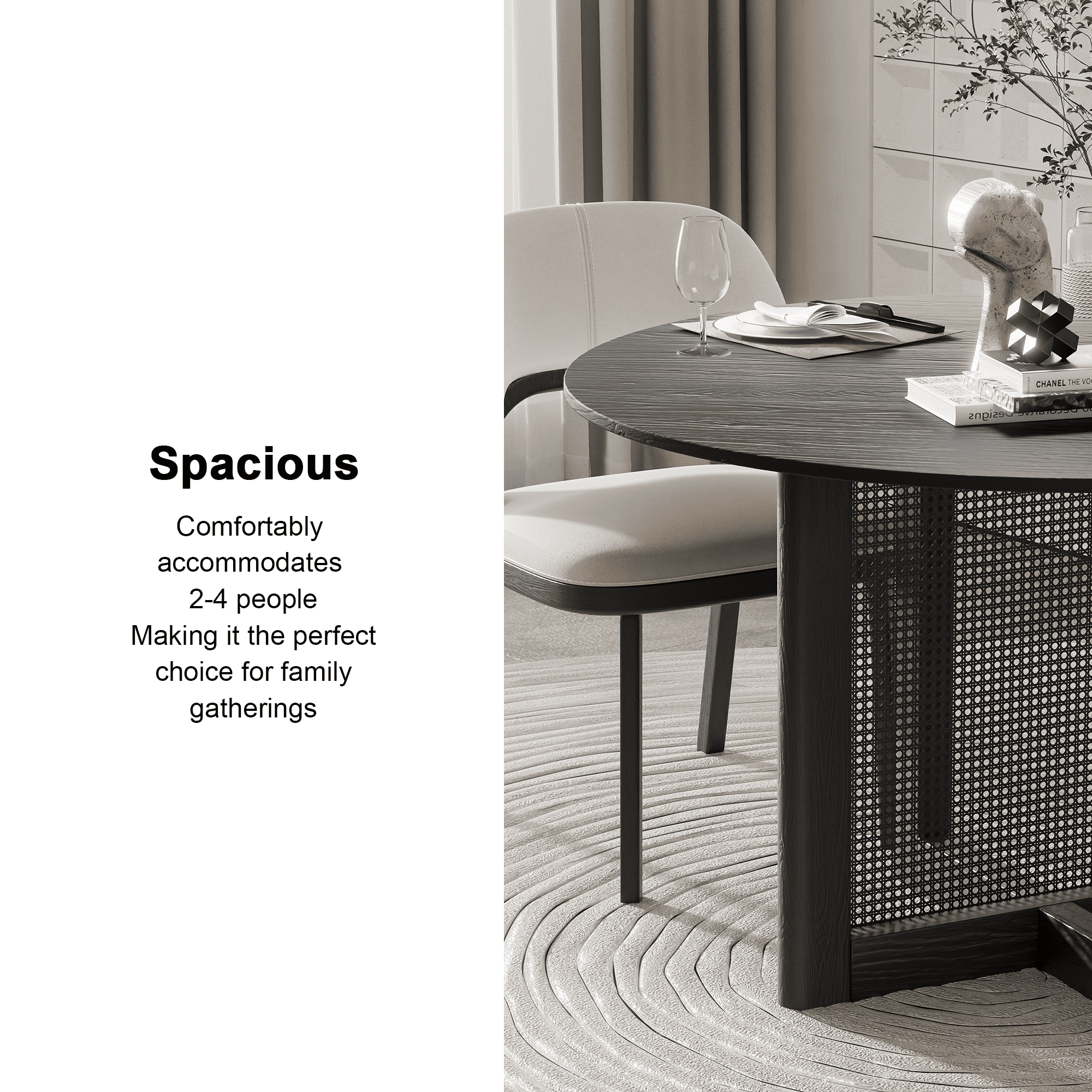 MAYEERTY Wood Round Dining Table, Mid-Century Modern Dining Table for Small Spaces with Rattan Legs, 46"x46"x30", Black