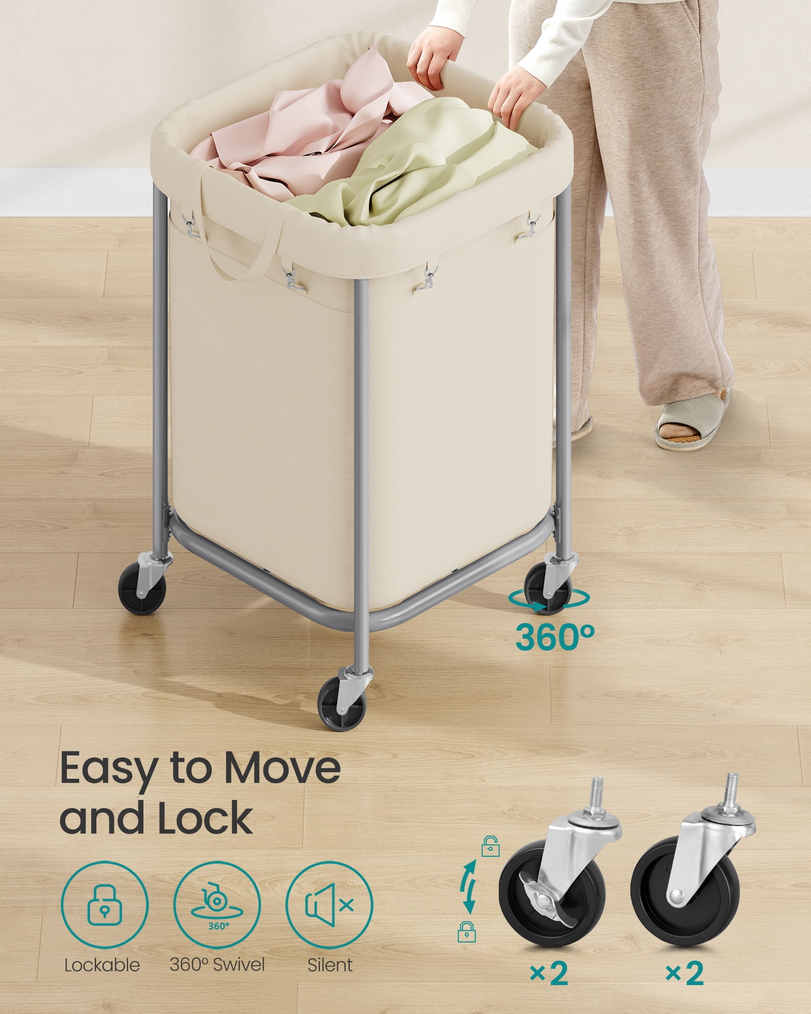 SONGMICS 45-Gallon (170 L) Laundry Basket with Wheels,with Steel Frame and Removable Bag, 2 Locking Wheels, Cream White and Metallic Silver