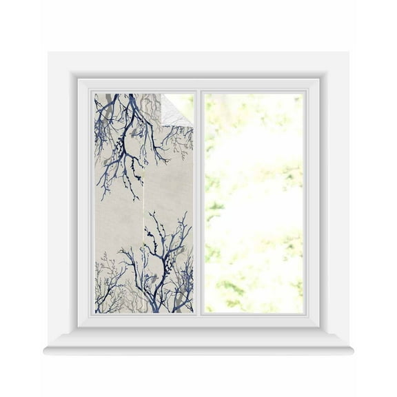 Window Privacy Film Blue Tree Stained Glass Window Film Decorative Sun Block Window Cover Retro Farmhouse Botanical Branches Bird Window Clings Static Adhesive Sticker for Bathroom 17.7"x39.3"