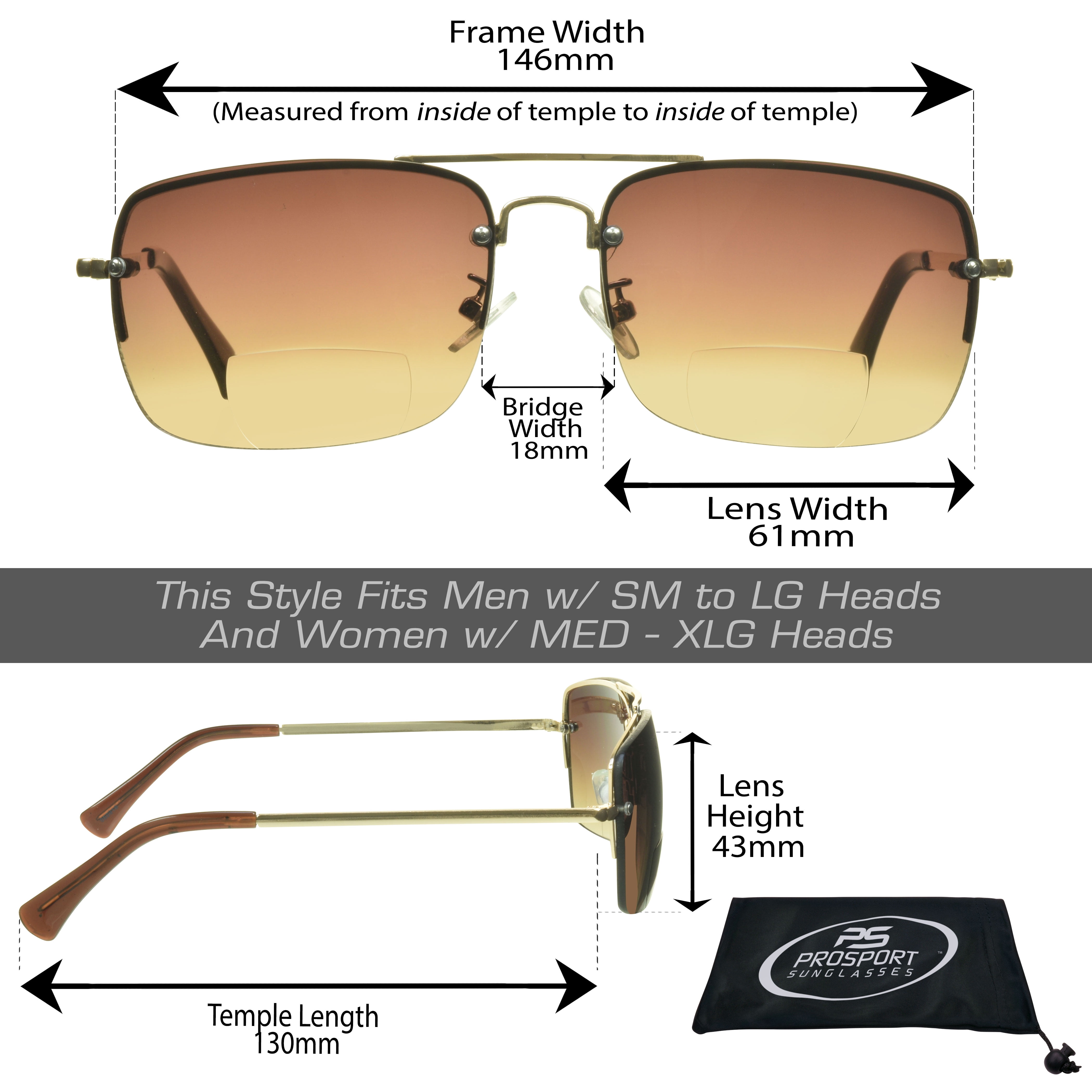 proSPORT Aviator Bifocal Reading Sunglass Reader Gold Frame Gradient Brown Lens Men Women 2 Pairs