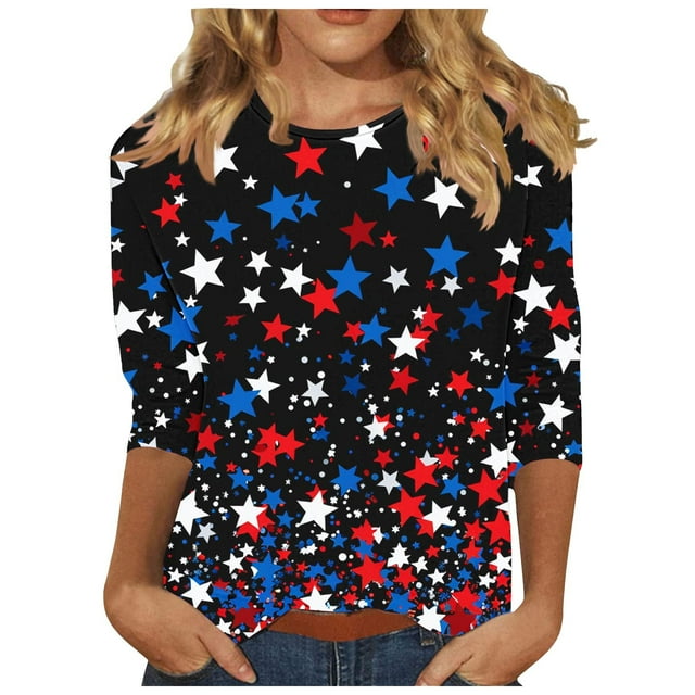 Tnhcen Hauts Graphiques Patriotiques à Manches 3/4 Col Rond Imprimé pour Femmes Automne - Chemises Amicales Grande Taille Automne S-3TG