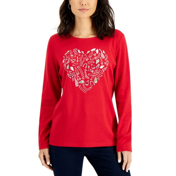 Karen Scott Embellished Heart Top New Red Amore L