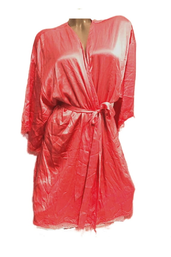 Satin Modal Lace-Trim Kimono Robe Hot Coral Pink Size M/L New