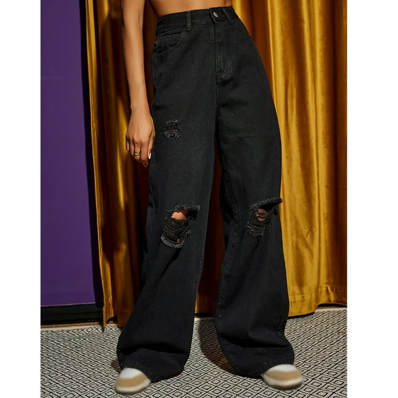 Soki Baggy Jeans Clearance Ladies Washed Trendy Distressed Patchwork Wide Leg Denim Pants with High Waist, Black