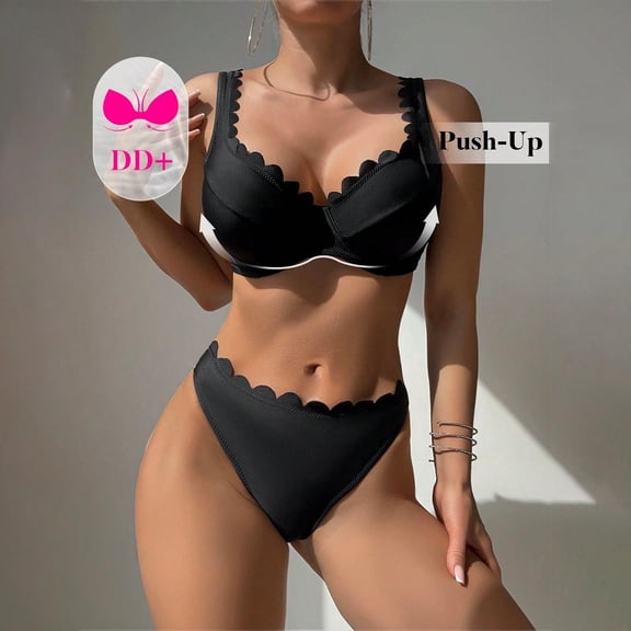 Dolkfu Womens Swim Suit Two Piece Scalloped Sexy Bikini Sets Push Up Cheeky Ruffled Bathing Suit for Curvy Women L