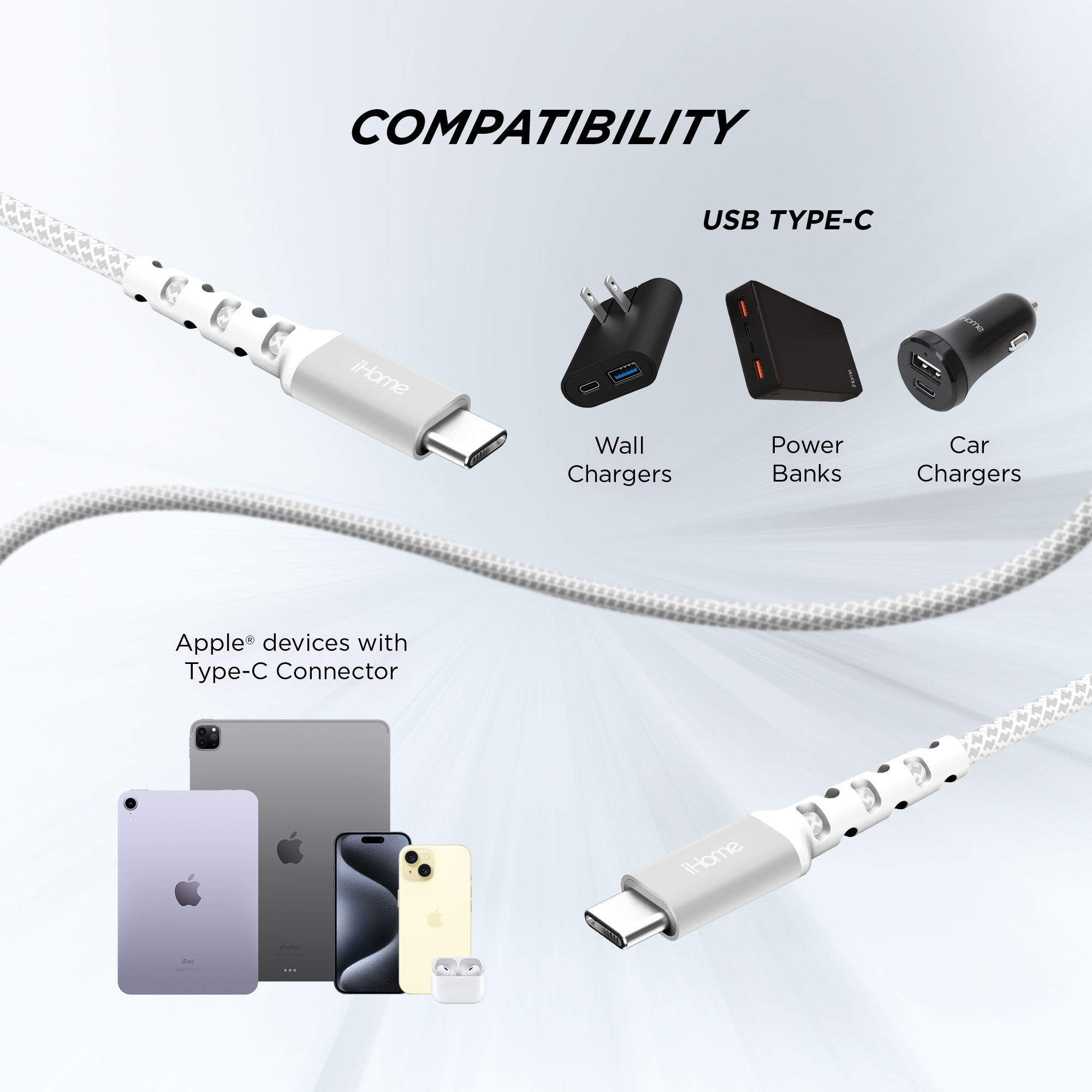 iHome 6' USB-C to USB-C Nylon Braided Cable, White photo 2