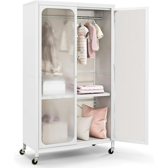 Closet Wardrobe, Portable Closet with Rollers, Mobile Metal Armoire Closet with Hanging Rod, Adjustable Shelf, Rolling Closet Storage Accent Cabinet, Armoire Clothes Organizer for Bedroom