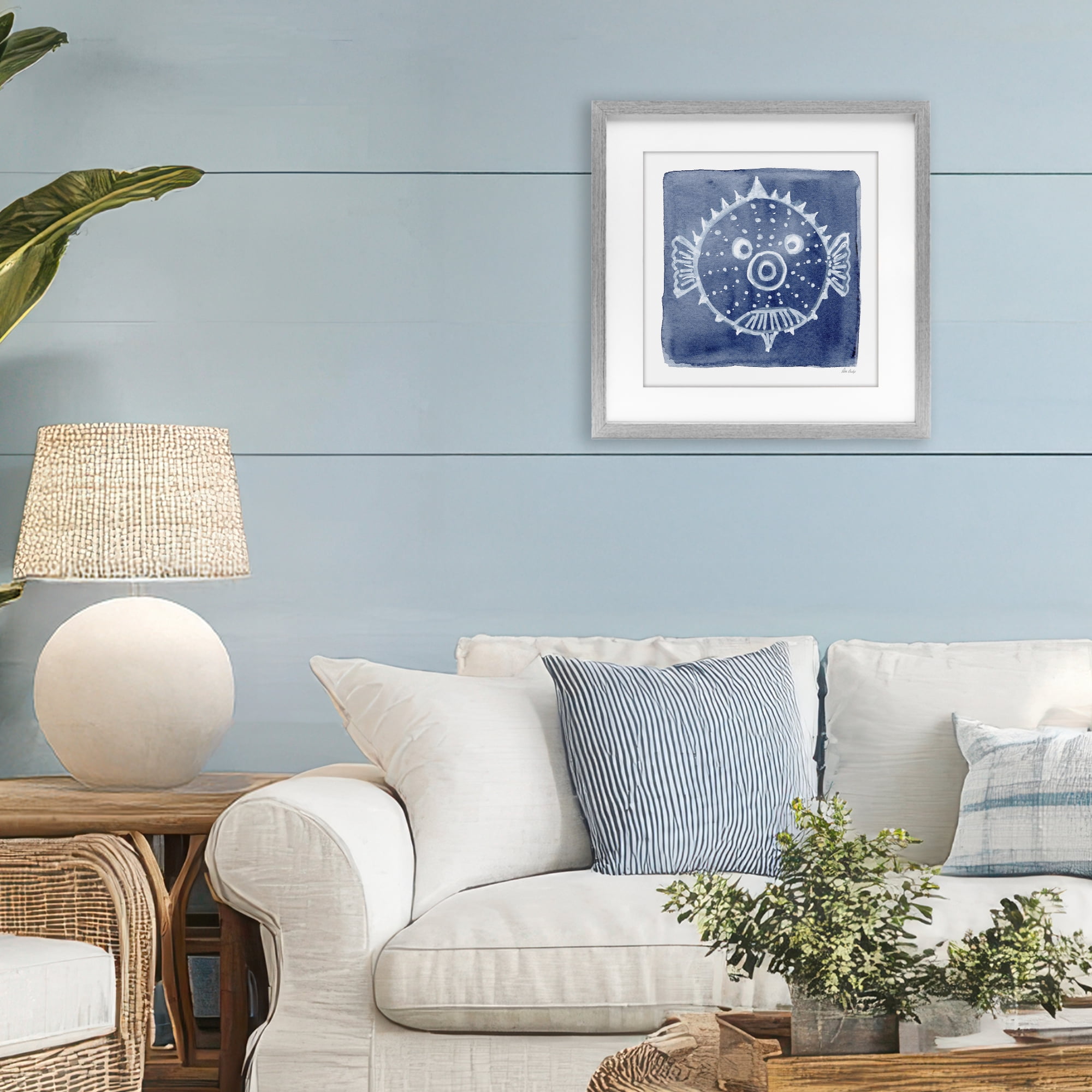 Stupell Industries White Blow Fish on Indigo Gray Framed Print Under Glass, design by Patti Bishop
