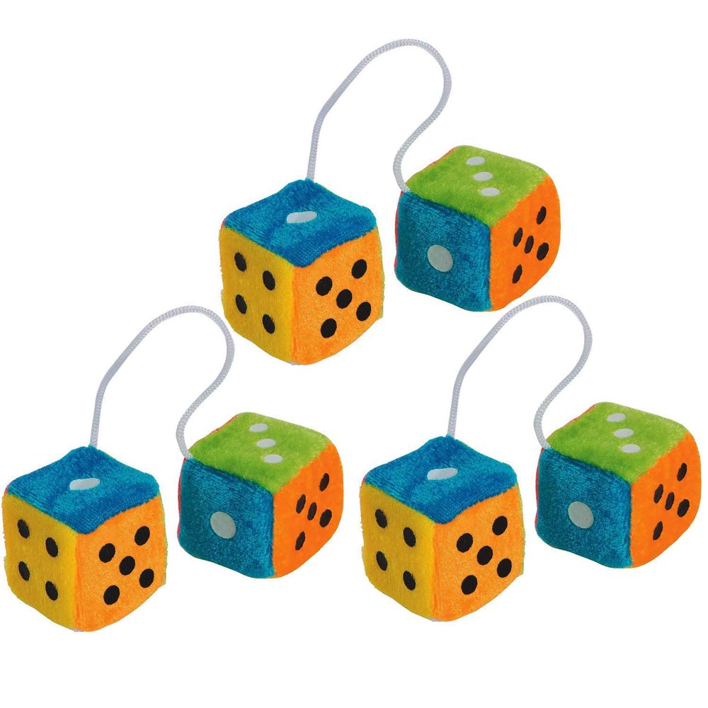 Mini Hanging Fuzzy Dice With Dots 1.75 Inches 3 Pairs Colorful Neon